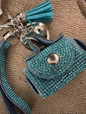 Bag charm or keychain Crystal-Embellished Mini Bag Teal and silver